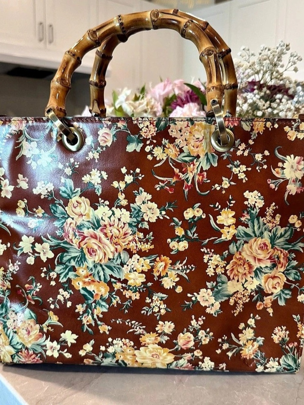 Patricia Nash Floral Leather Tote with Bamboo Handles